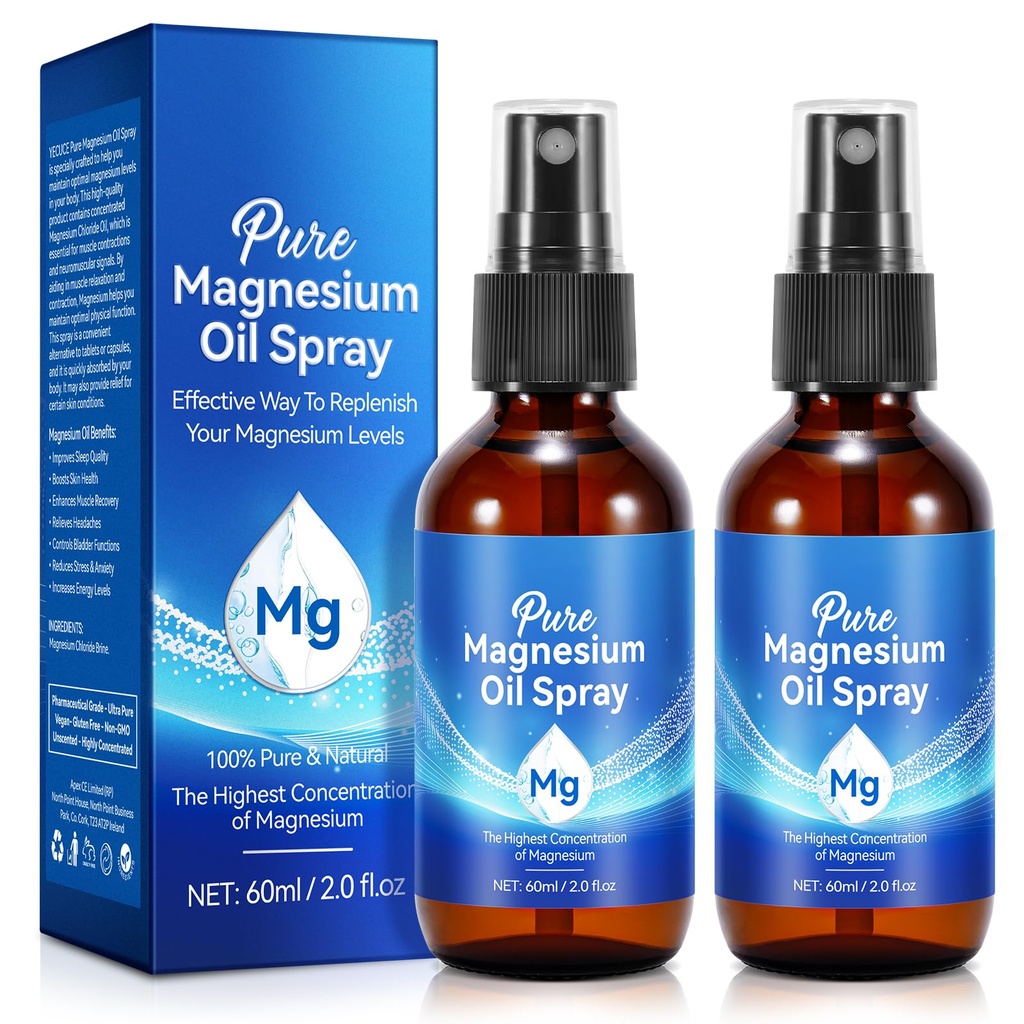 Pure Magnesium Oil Spray 2Fl Oz, 2Pack Natural Magnesium Oil Spray for Feet, Body, Skin, Topical Mg Oils Products