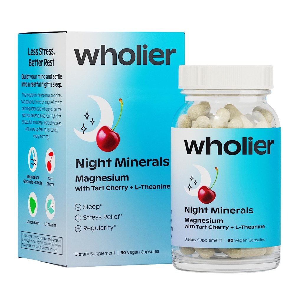 wholier Magnesium Glycinate, L-Theanine, Tart Cherry Juice. Natural Support for Sleep, Stress + Relaxation. Melatonin-Free. Night Minerals. (60 Vegan Capsules) Glass Bottle