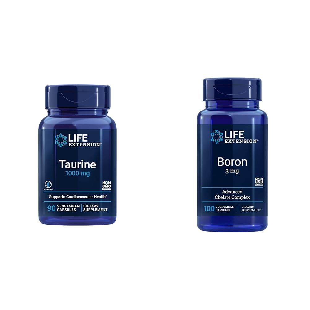 Life Extension Taurine 1000 Mg 90 Capsules and Boron 3 Mg 100 Capsules Bundle