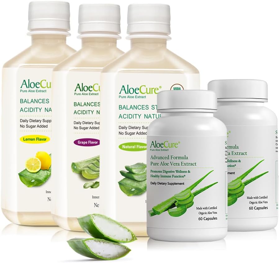 AloeCure Organic Aloe Vera Digestion Set - 5 Pack - Grape, Natural, Lemon Flavor Juice, 2pcsxAloe Vera Capsules 60caps