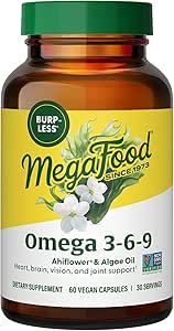 MegaFood Vegan Omega 3 6 9 - Suplemento Burp-Less - 600 mg Plant-Based Omega-3 &amp; 150 mg DHA Por Serving - Corazón, Cerebro, Visión &amp; Soporte Conjunto - Fish Oil Alternative - 60 cápsulas, 30 piezas