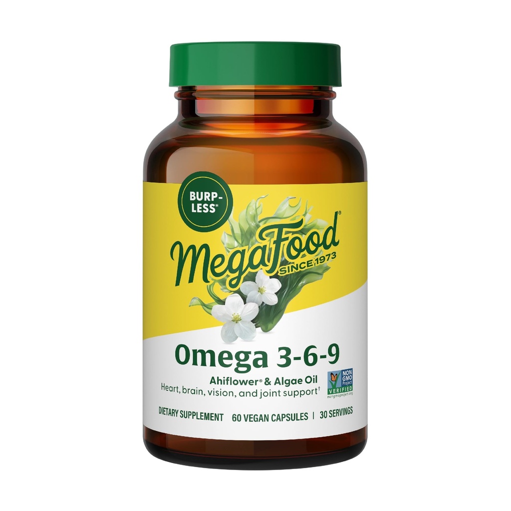 MegaFood Vegan Omega 3 6 9 - Suplemento Burp-Less - 600 mg Plant-Based Omega-3 &amp; 150 mg DHA Por Serving - Corazón, Cerebro, Visión &amp; Soporte Conjunto - Fish Oil Alternative - 60 cápsulas, 30 piezas