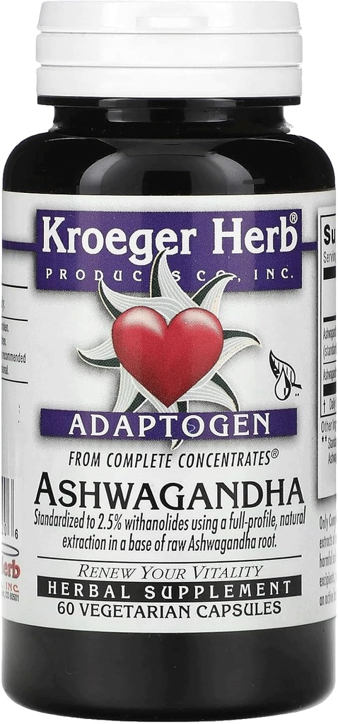 Kroeger Herbs, Ashwagandha Supplements for Stress and Mood Support, Herbal Adrenal Support Supplements for Men & Women, Pure Ashwagandha Root 450 mg, Non-GMO, Vegan, No Additives, Gluten Free