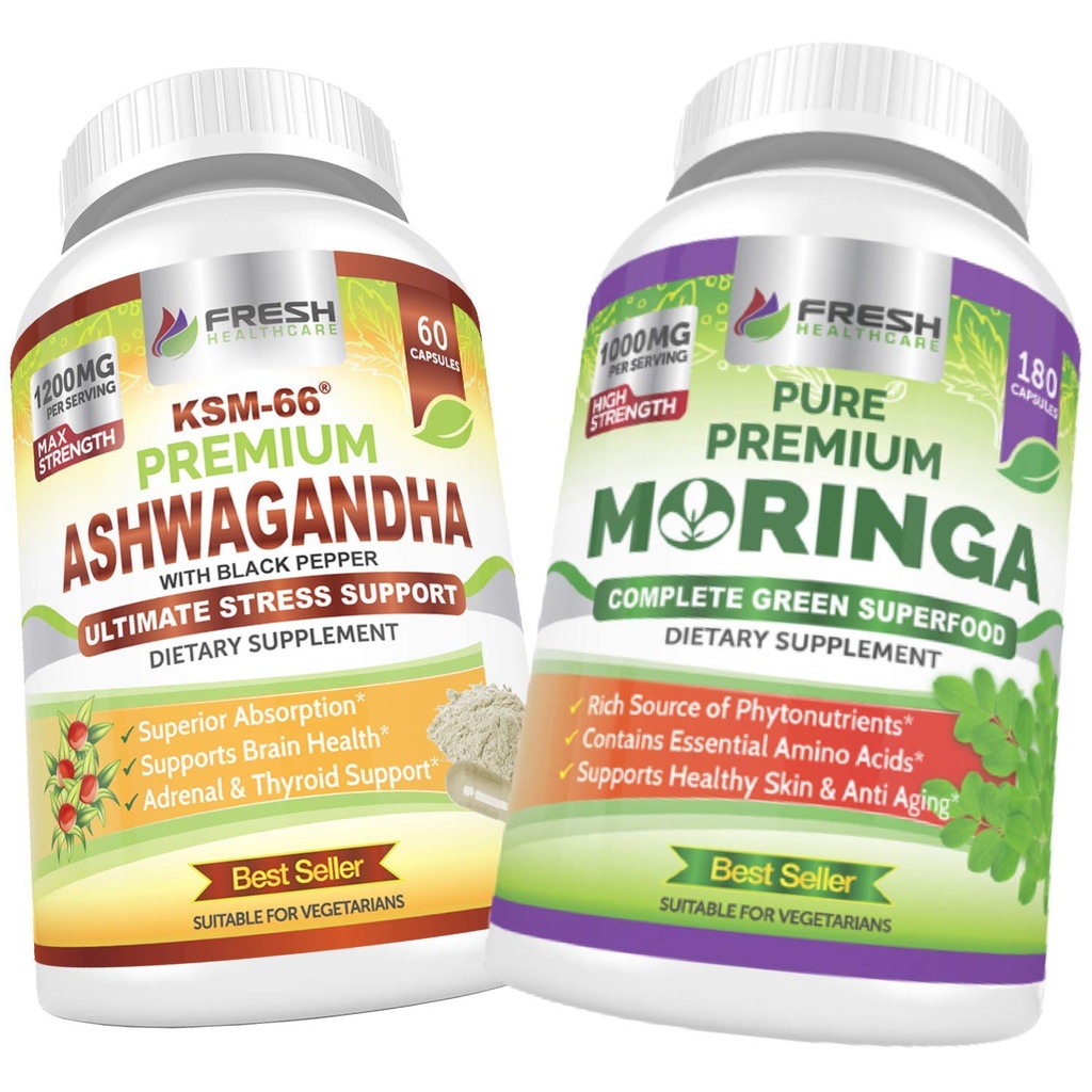 FRESH HEALTHCARE Ashwagandha KSM 66 and Moringa Superfood - Bundle