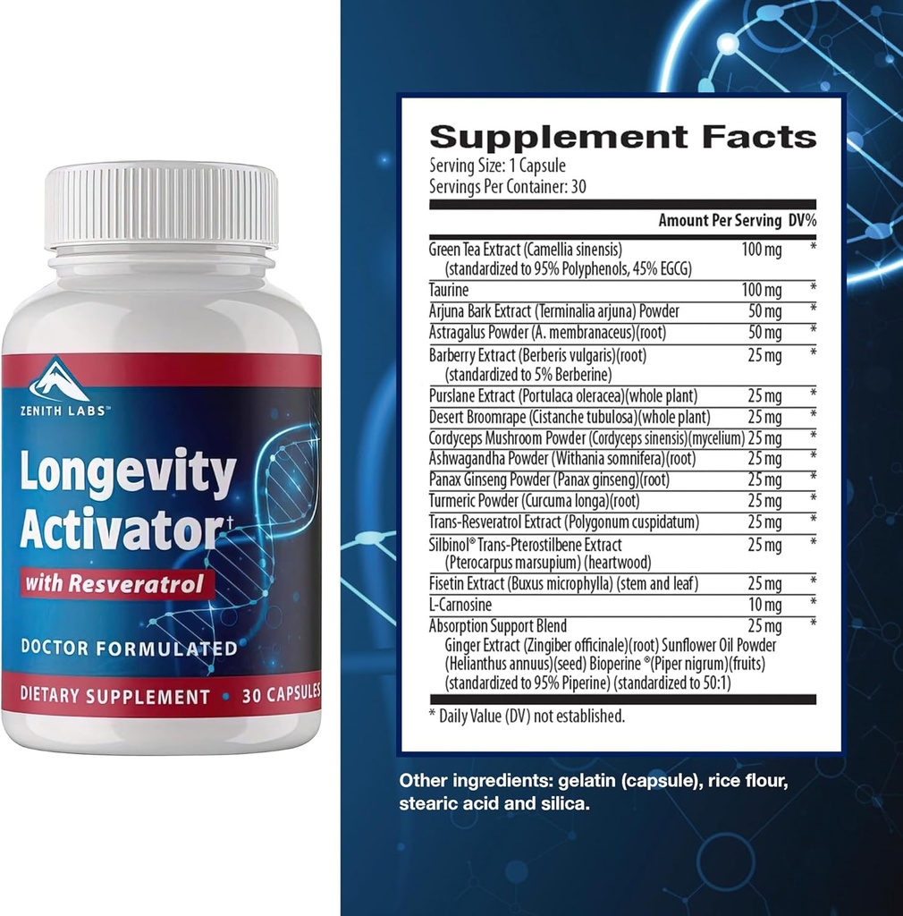 Zenith Labs Longevity Activator Anti-Aging Suplemento dietético, Antioxidantes naturales con Resveratrol - Apoyos Función inmunitaria y Memoria saludable