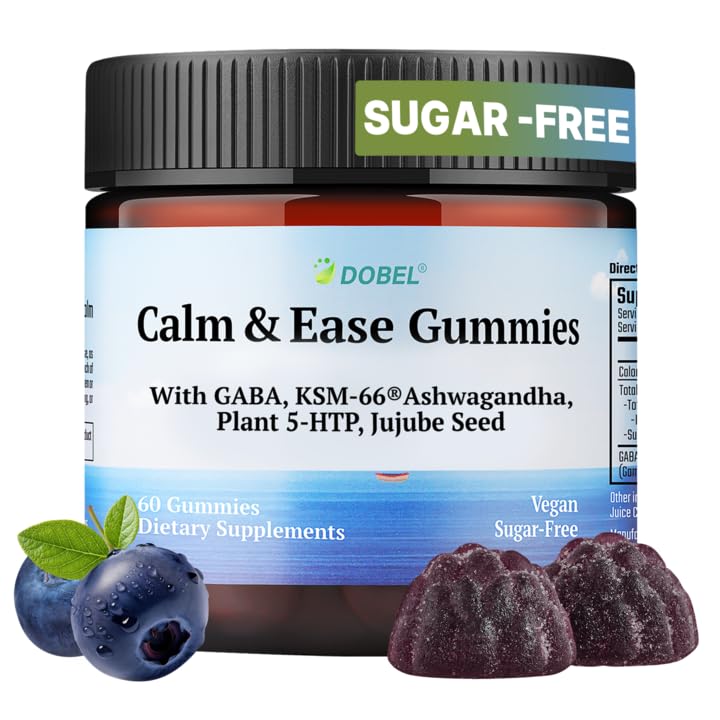 Dobel - Calm & Sleep Gummies for Adults | Calming Gummies with GABA, 5-HTP & Ashwagandha KSM-66, Sugar-Free, Vegan Bedtime Wind-Down Support, Natural Blueberry Flavor - 60 Count