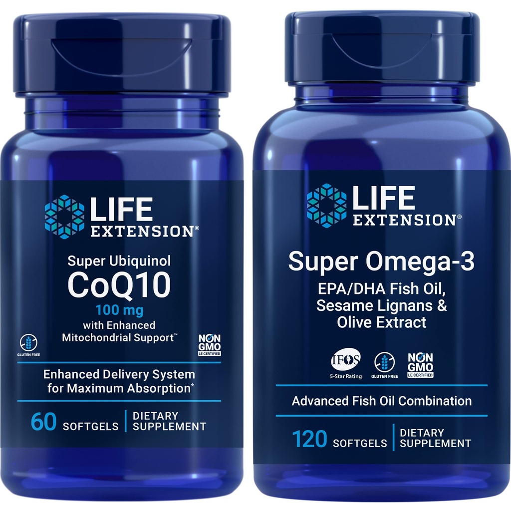 Life Extension Super Ubiquinol Coq10, 100 Mg, 60 Softgels | Super Omega-3 Epa/dha Fish Oil, 120 Softgels | Heart & Brain Health Supplements, Inflammation Management, Anti-Aging Support.