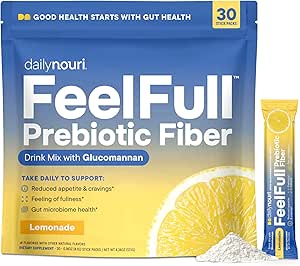 Daily Nouri FeelFull Prebiotic Fiber Drink Mix ← Soporta la plenitud natural, el control de los ahorros, Gut & Metabolic Health TEN Oligofructose, Glucomannan " Chromium TEN 30 Stick Packs