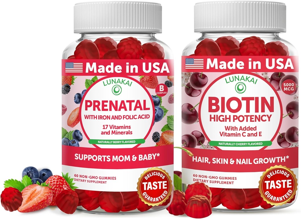 Lunakai Prenatal and Biotin Gummies Bundle - Pregnancy Multivitamin Gummy with Iron ' Folic Acid - Hair Skin and Nails Growth Supplement with Vitamin C and E - 30 Days Supply