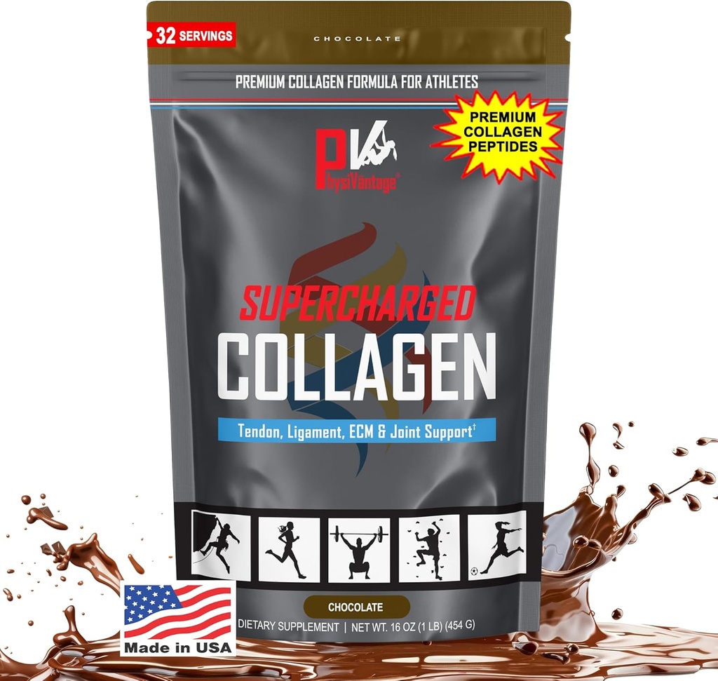 PhysiVantage Supercharged Collagen Peptides Powder - Hydrolyzed Collagen for Joint, Tendon, Ligament, " Skin Health Support - Chocolate, Keto, Paleo, 16oz