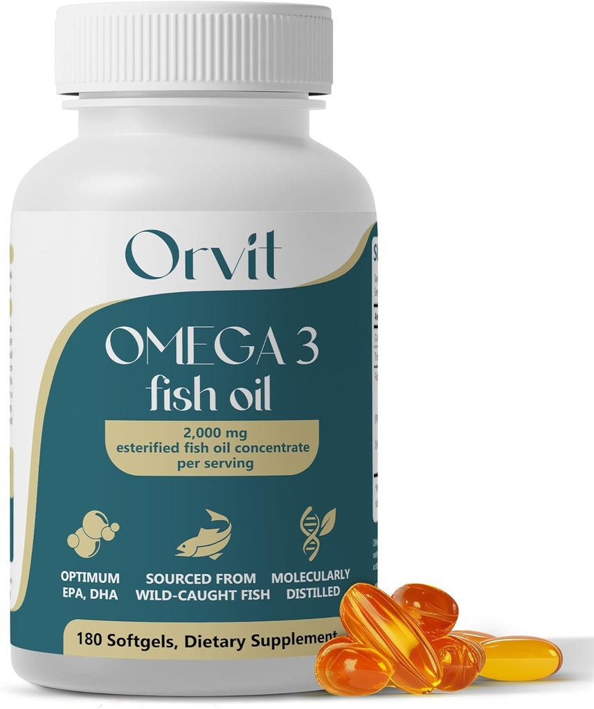 ORVIT Omega 3 Fish Oil Softgel 2000 mg - Ultimate EPA DHA Suplemento para hombres y mujeres - Burpless - No Fishy Taste - Unflavored 180 Softgels - Orgánico, No GMO - Hecho en los EE.UU.