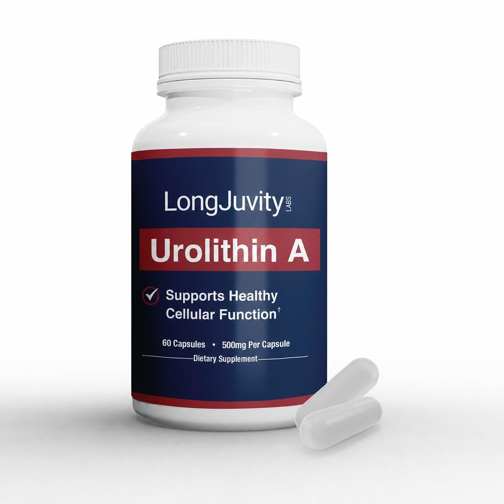 LongJuvity Urolithin A Supplement (500mg) – Pure, High-Potency Lab Tested Postbiotic for Optimal Cellular Health (60 Capsules)