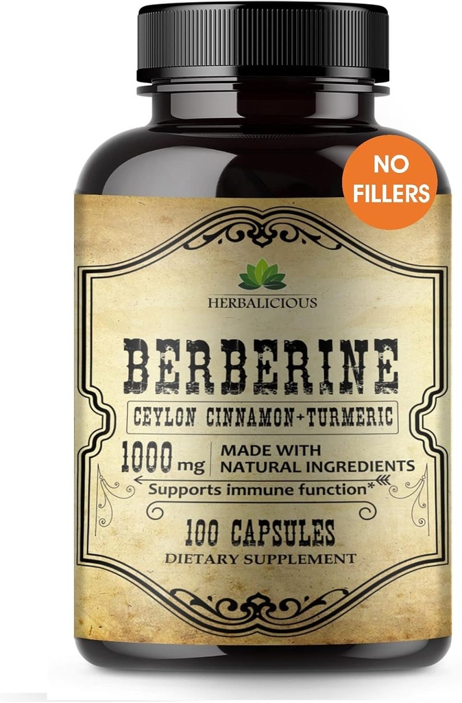 Beberine Capsules Ceylon Cinnamon &amp; Turmeric - Beberine HCL Suplemento dietético para hombres y mujeres – No GMO Berberine 1000mg – Ideal para soporte inmunitario, corazón, nivel de colesterol