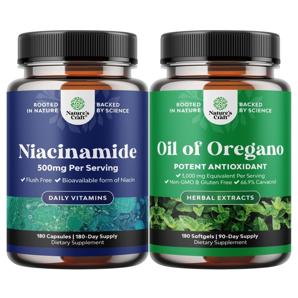Bundle of Pure Vitamin B3 Niacinamide 500mg Capsules for Skin Health Detox & NAD Production Support and Wild Oregano Oil Softgels with 3000mg Herbal Equivalent for Gut Heart Detox and Immune Support
