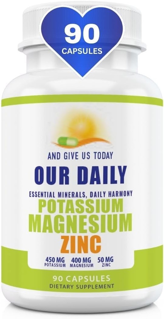 Suplementos de Potasio de Magnesio W Zinc - 90 Capsules 400MG Magnesio,450MG Potasio,50MG Zinc para la salud Vascular – Alta Absorción Vegan para cáscaras y sueño