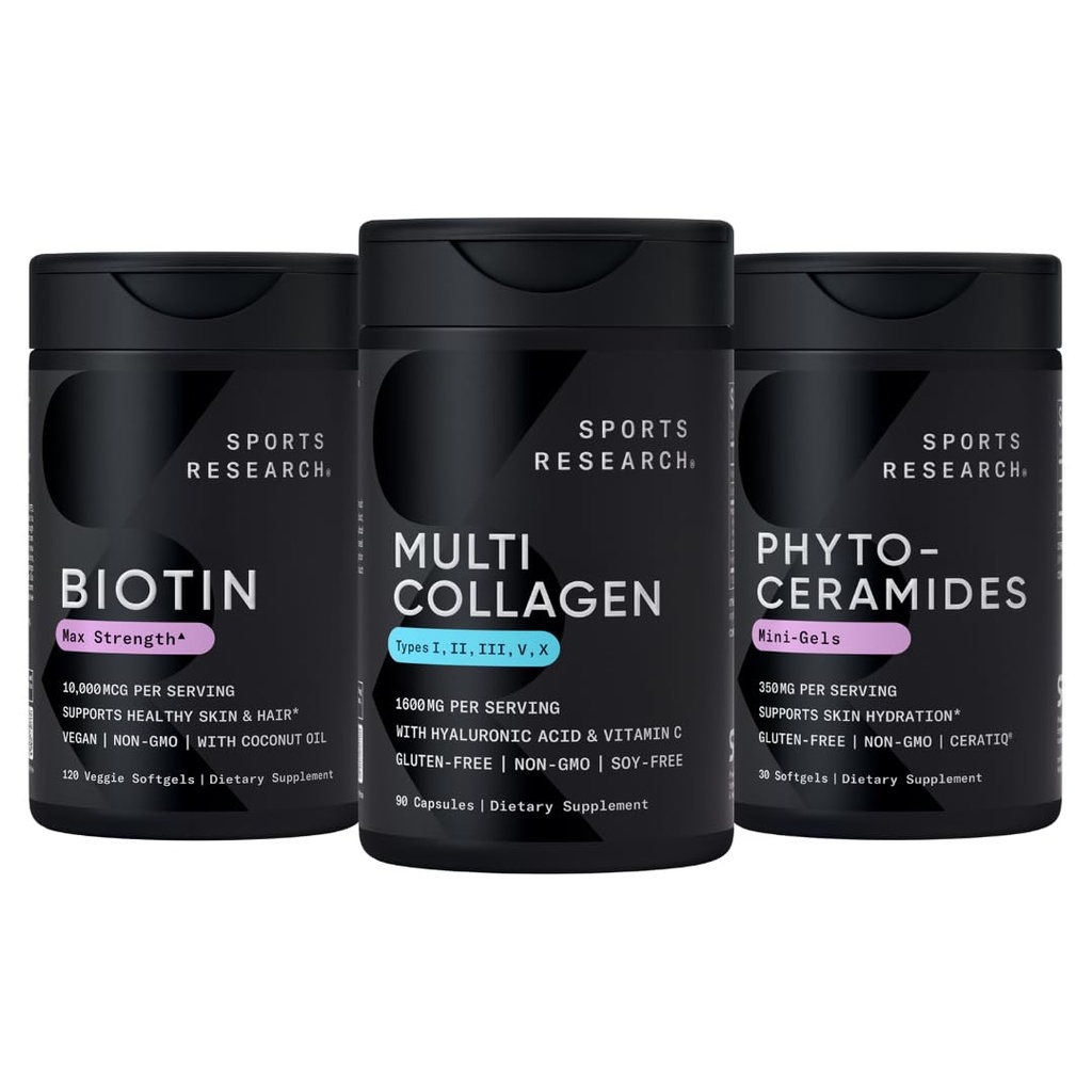 Investigación Deportiva Vegan Biotina 10,000mcg con aceite de coco, Píldoras multi colágeno (Tipo I, II, III, V, X) Péptidos de colágeno hidrolizado con ácido hialurónico + Vitamina C & Phytoceramides 350mg por Softgel