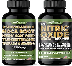 Gade Nutrition Ashwagandha with Maca Root, Horny Goat Weed, Turkesterone, Tribulus Terrestris, Panax Ginseng + Nitric Oxide Booster - Bundle for Energy, Vitality, Performance, Pump