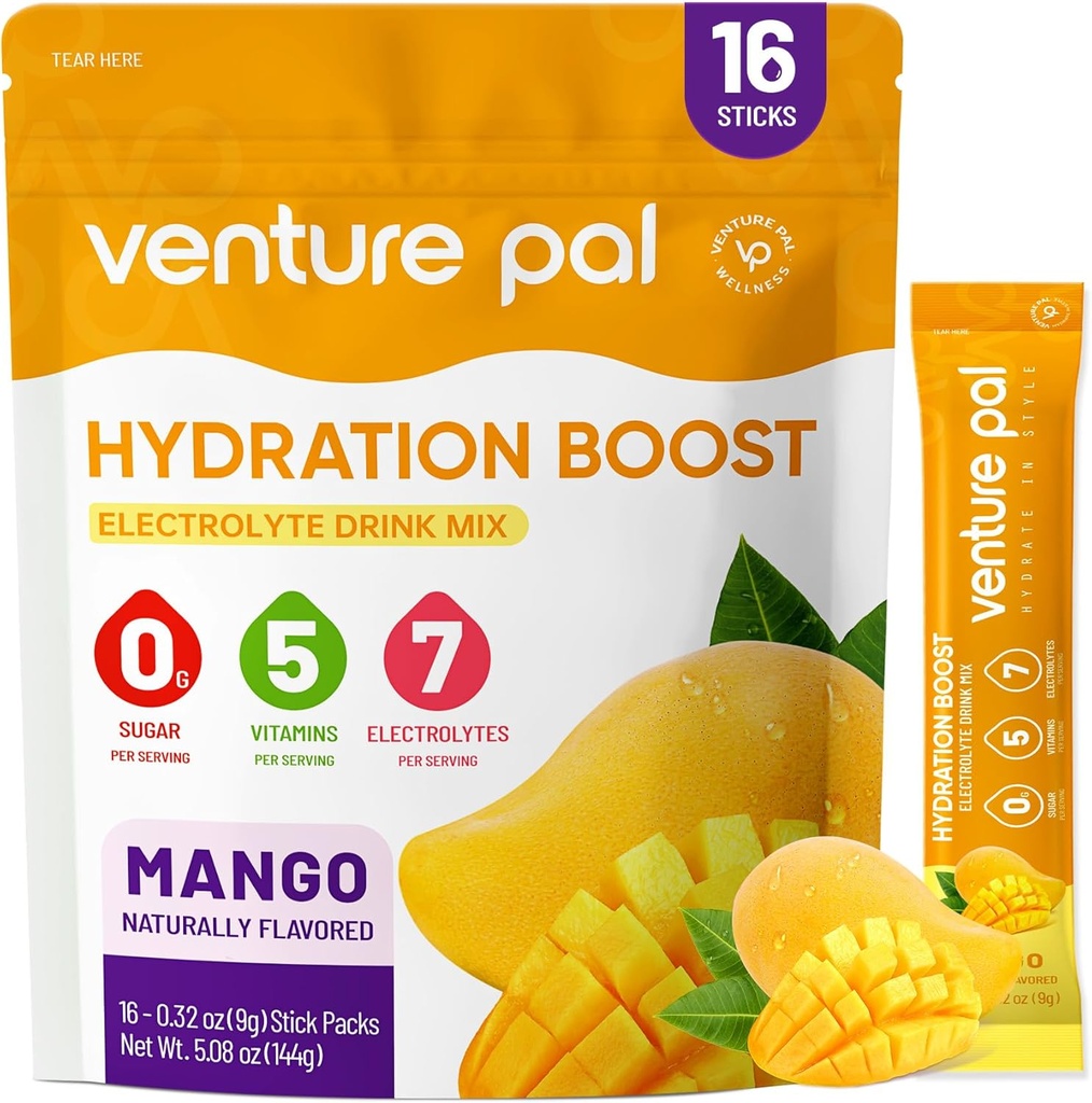 Venture Pal Sugar Free Electrolyte Powder Packets - Liquid Daily IV Hydration Packets ¦ Electrolytes Drink Mix with 5 Vitamins & 7 Electrolytes ← Keto Friendly ← Non-GMO  Certified Vegan ← 16 Sticks