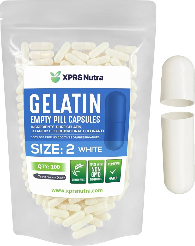 XPRS Nutra Size 2 Empty Capsules - 100 Count Empty Gelatin Capsules - Pills DIY Capsule Filling - Pure Bovine Pill Gel Caps for Do-It-Yourself Supplements (White)
