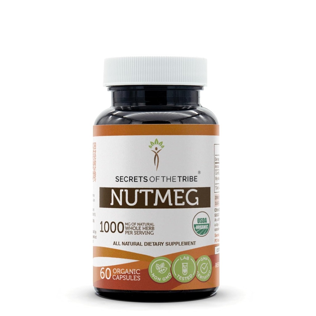 Secretos de la tribu Nutmeg USDA Organic 60 Capsules ← Hecho con capsules vegetarianos y Nutmeg orgánico certificado (Rou Dou Kou, Myristica Fragrans) Nuez seca (60 cápsulas)