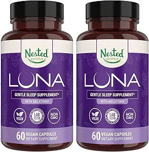 Naturales anidados Luna Sleep Aid - No-Habit Forming Natural Sleeping Pills for Adults with Naturally Sourcedients - Valerian Root, Melatonin, Chamomile, Lemon Balm, and More - 120 Vegan Capsules