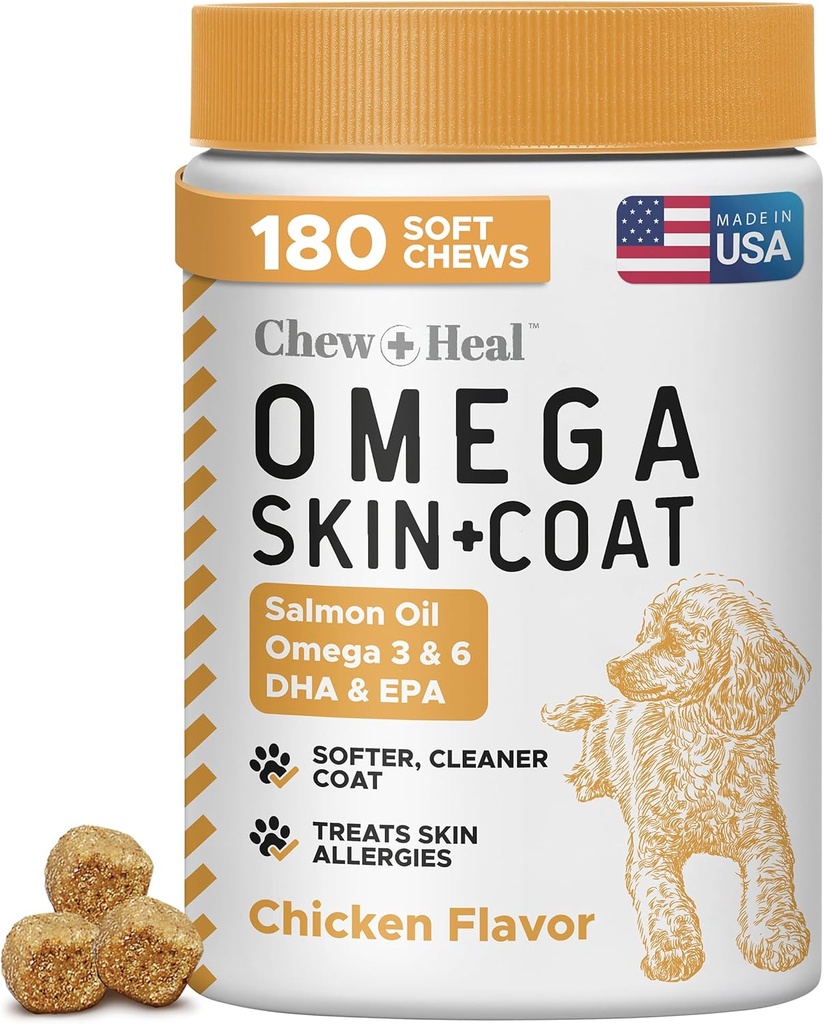 Petróleo de Salmón para Perros - 180 Tráteres de Aceite de Aceite de Pez para la Piel y la Carne de Acidos Gordos, Omega 3 y 6, Vitaminas, Antioxidantes y Minerales - Made in USA