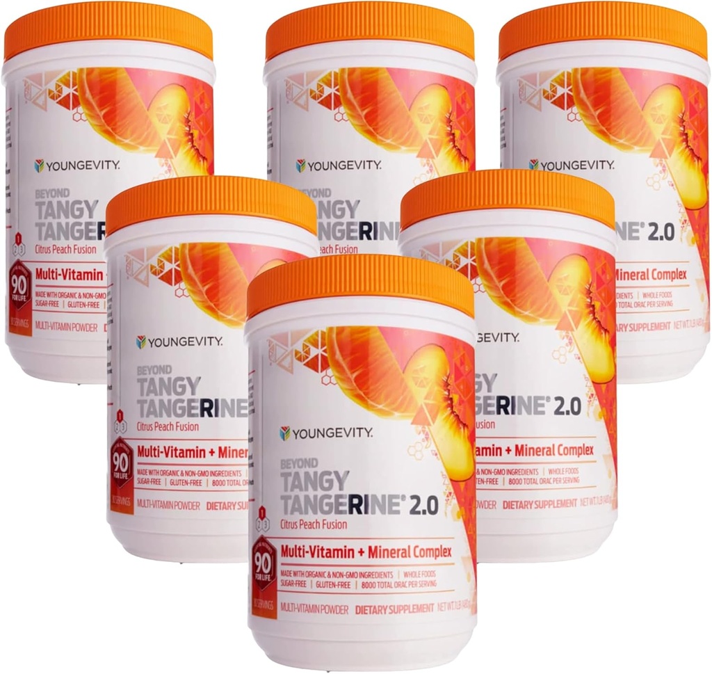 Youngevity Beyond Tangy Tangerine 2.0 Citrus Peach Fusion Multi-Vitamin & Mineral Complex - Hecho con alimentos naturales y completos TEN 8.000 ORAC (6-Pack)