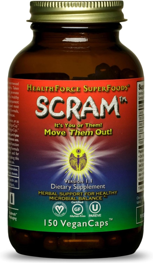 HealthForce SuperFoods Scram - Suplemento herbal con cardo de leche, Wormwood &amp; Black Walnut - Digestion Support Capsules - 150 cápsulas Vegan