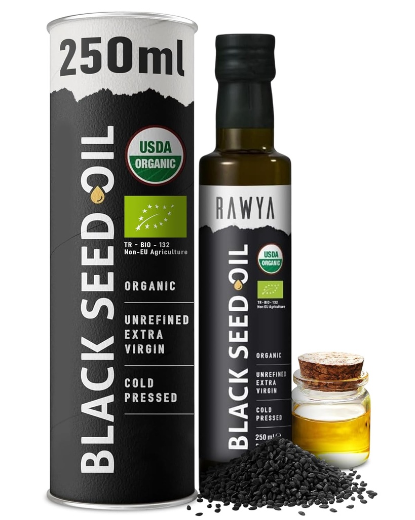 RAWYA Black Seed Oil - USDA Organic Certified - Cold Pressed - 8.4 Fl oz - Extra Virgin - Turkish Black Cumin Seed - Premium Nigella Sativa with Thymoquinone - Kalonji - Non-Gluten-Free - Suplementos Nutricionales - Extra Strong Taste