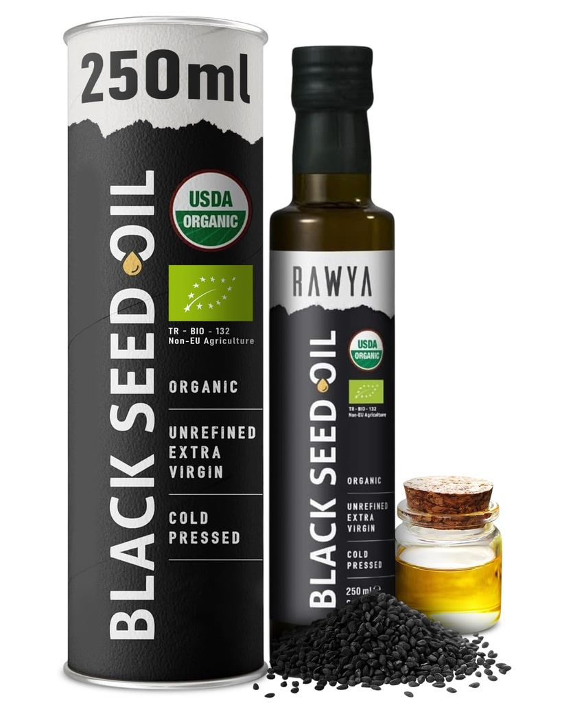 RAWYA Black Seed Oil - USDA Organic Certified - Cold Pressed - 8.4 Fl oz - Extra Virgin - Turkish Black Cumin Seed - Premium Nigella Sativa with Thymoquinone - Kalonji - Non-Gluten-Free - Suplementos Nutricionales - Extra Strong Taste