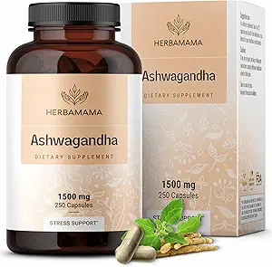 HERBAMAMA Ashwagandha Capsules - 1500mg Pure Ashwagandha Root for Relaxation & Mood Support - Vegan, Non-GMO Focus &amp; Calming Supplement for Adults, 250 Caps