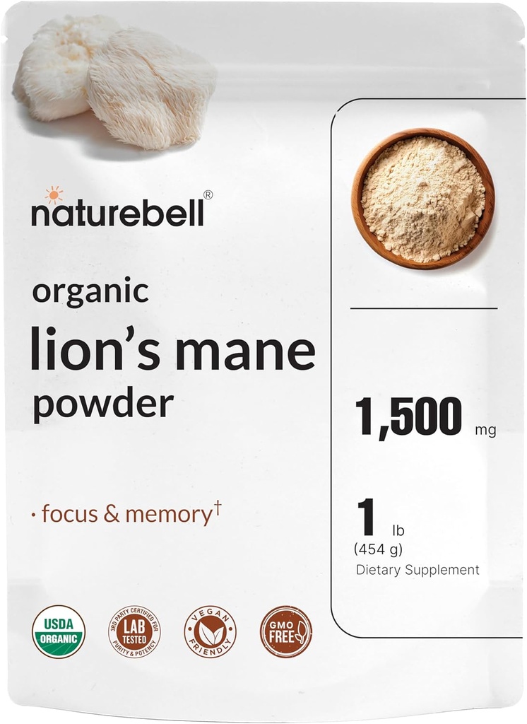 NatureBell Organic Lions Mane Powder 1.500mg Por Serving, 1lb ¦ TODO Afrutado Cuerpo & Mycelium Mushroom Fuente – Focus, Memory, &amp; Immune Health Supplement – Non-GMO, Vegan