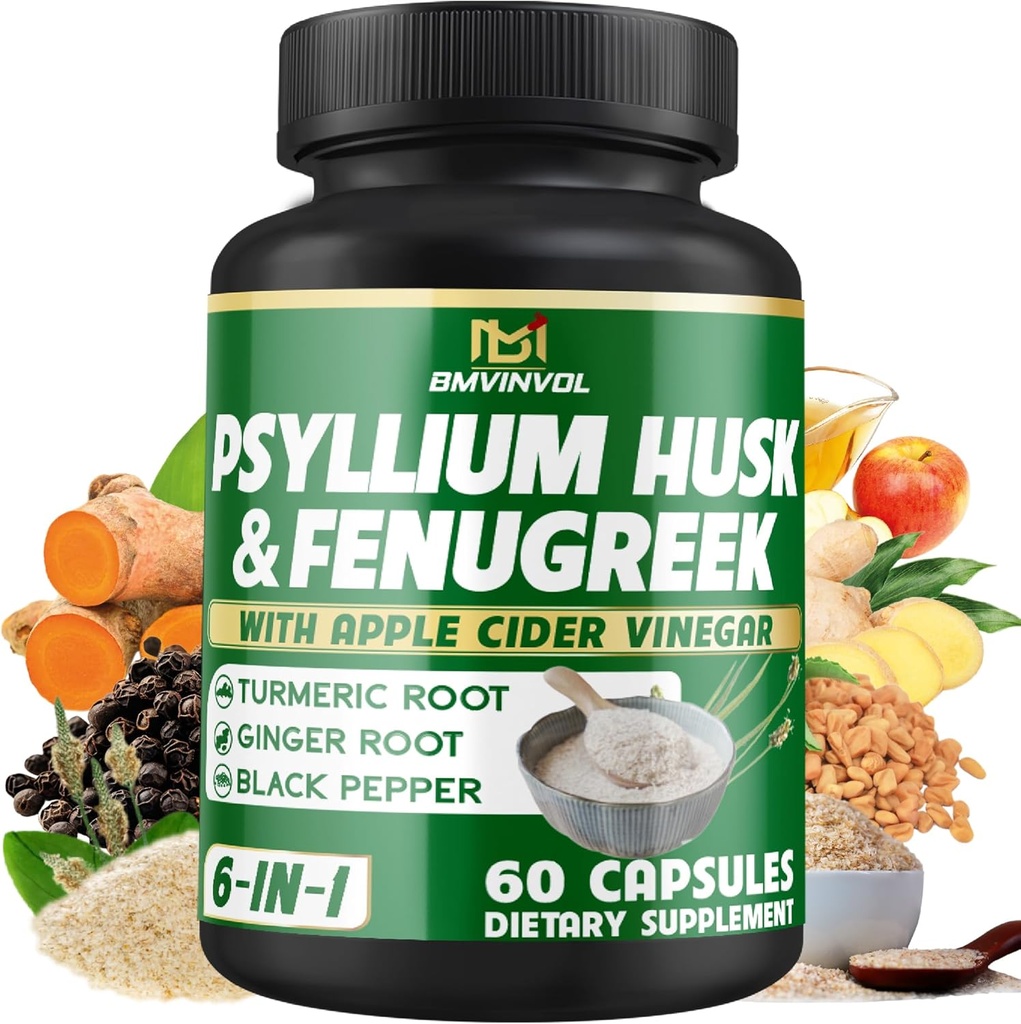BMVINVOL Psyllium Husk Fiber Suplemento t con Fenugreek, Apple Sider Vinegar, Turmeric, Ginger, Black Pepper- Digestion Health Support - 60 Capsules