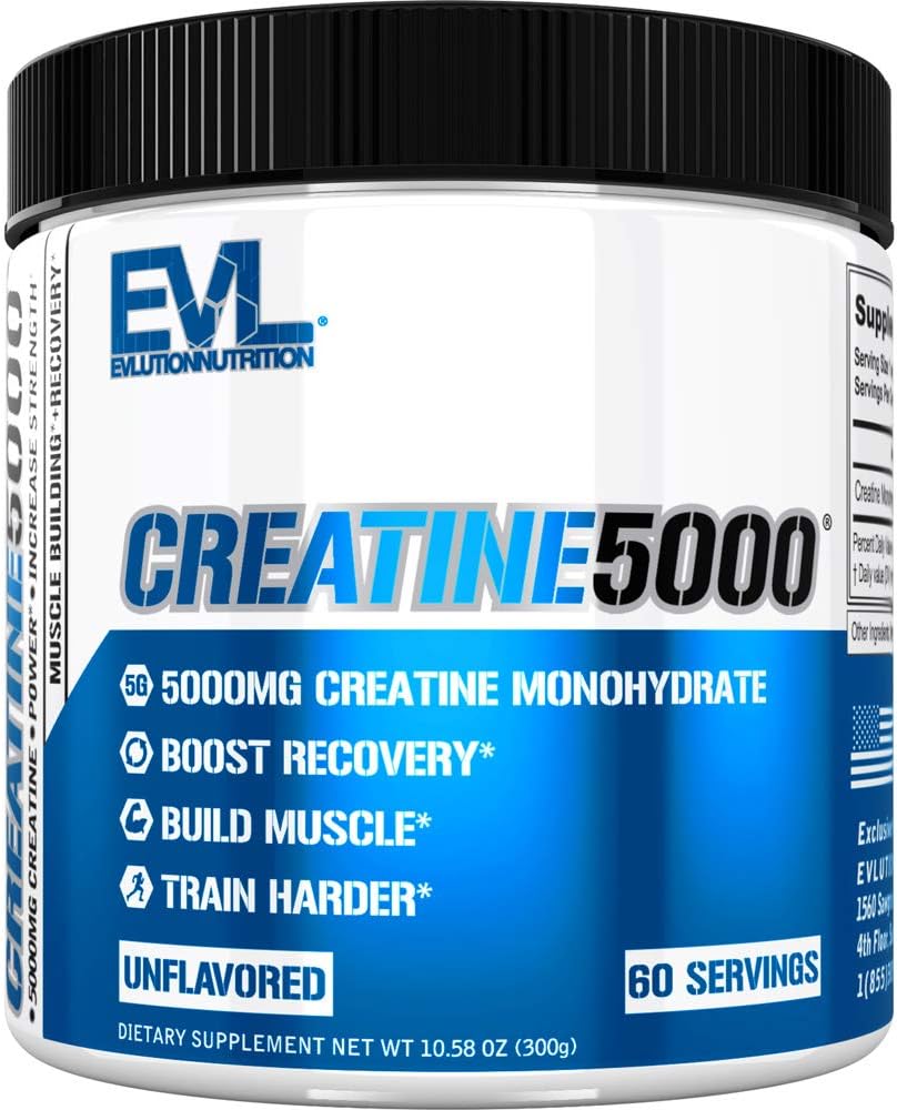 Evlution Nutrition Creatine 5000 - Supports Faster Recovery, Lean Muscle Growth & Performance - Pre &amp; Post Workout Powder - 5000mg Pure Creatine Monohydrate Por Serving - 60 Servings - Unflavored