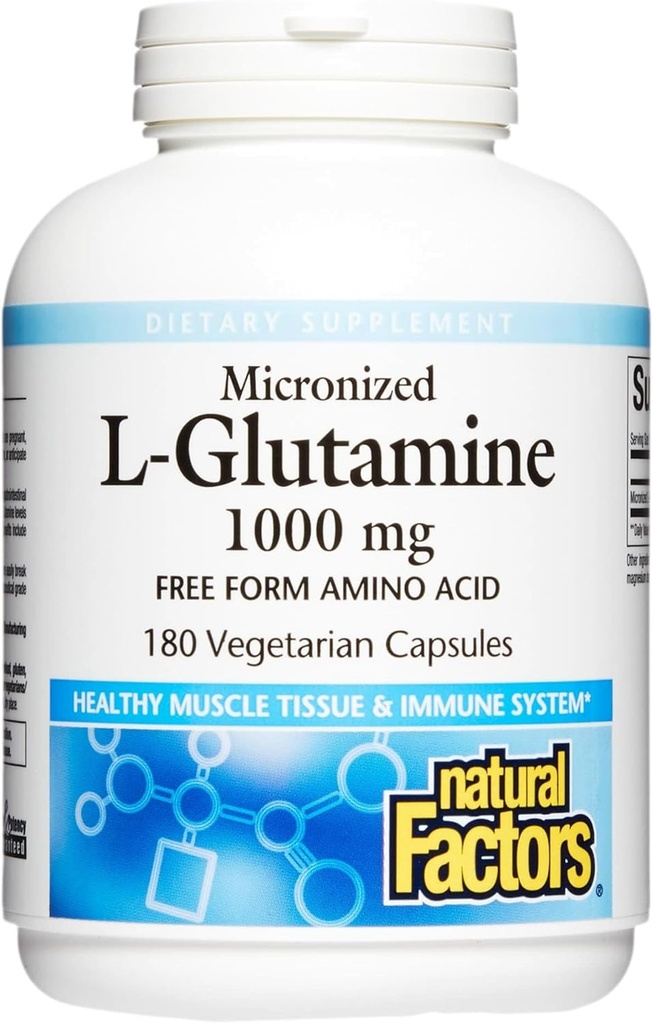 Factores naturales, micronizada L-Glutamina 1000 mg, soporta músculos y función inmunitaria, 180 cápsulas