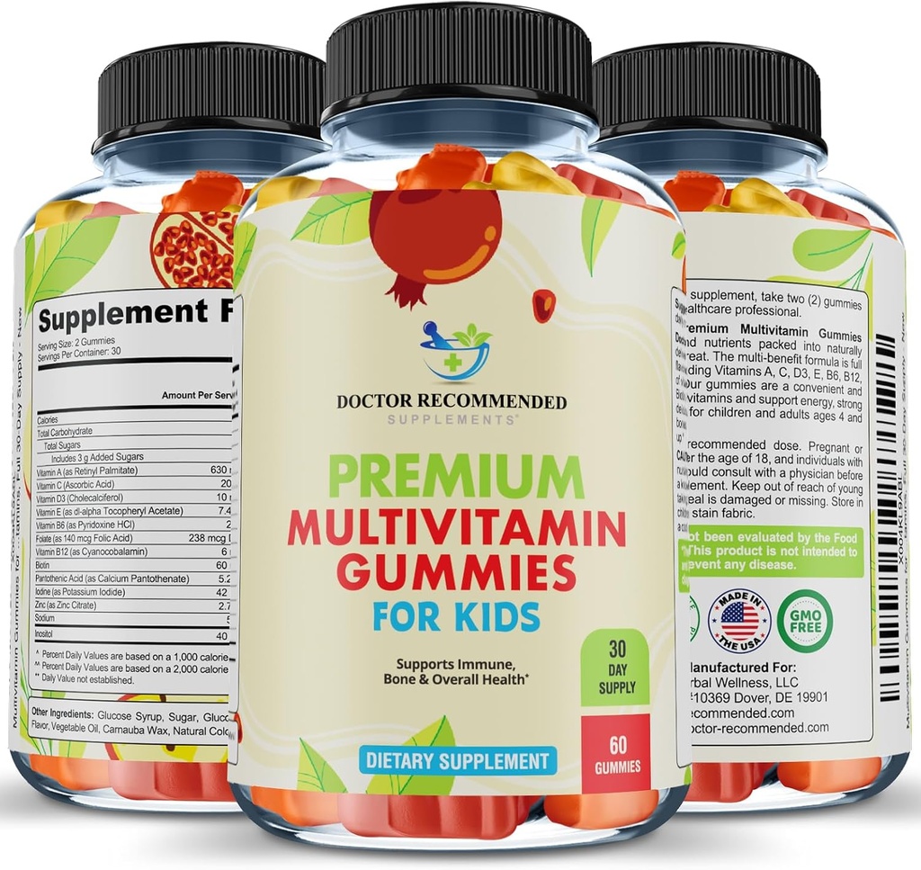 Gafas multivitamínicas Premium para niños pequeños y niños - Vitaminas diarias esenciales Chewable A, C, D3, E, B6, B12, Biotina - Sin dulces artificiales o de alta fructosa - 60 gomas, fuente de 30 días