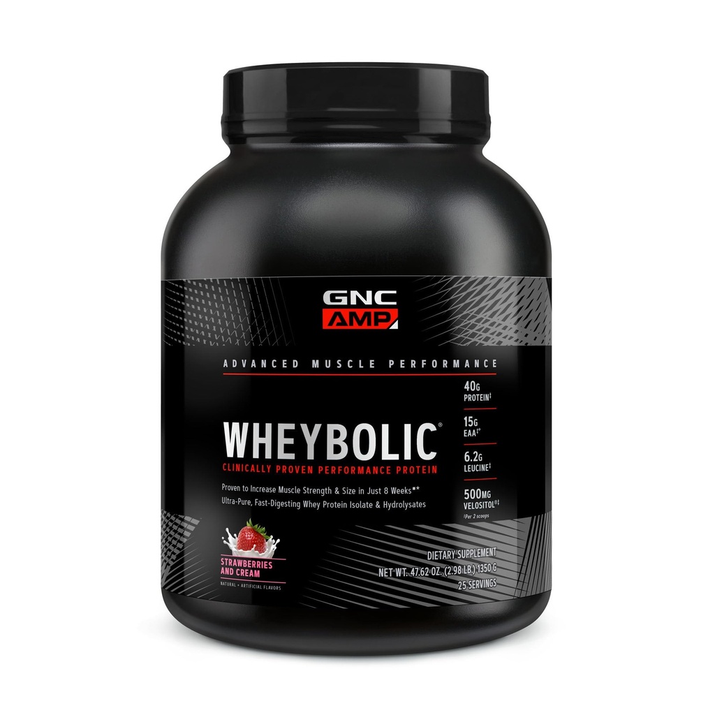 GNC AMP Wheybolic Whey Protein Powder Isolate with BCAA | Targeted Muscle Building and Workout Support Formula | Gluten Free | Strawberries and Cream | 25 Servings