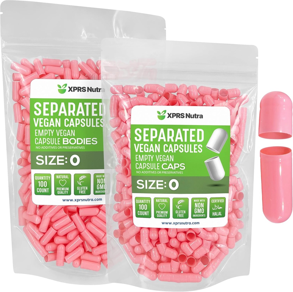 XPRS Nutra Vegan Size 0 Separated Capsules - 100 Count Premium Empty Capsules Separated in Bags - Pills 0 Empty for DIY Supplement Filling (Pink)