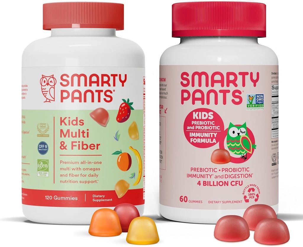 SmartyPants Kids Multivitamin Fiber Supplement Gummies and Probiotic Immunity Bundle: Omega 3 Fish Oil (EPA/DHA), Vitamina D3, C, Vitamina B12, B6, Digestive &amp; Immune Support Supplement (30 Day Supply)