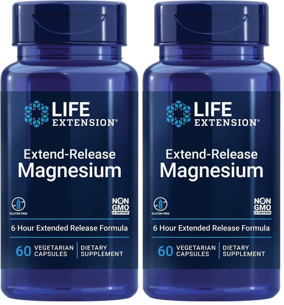 Extensión de la vida Magnesio de liberación prolongada, soporte de salud del corazón prolongado " , Soporte de salud cardiovascular " de presión sanguínea, fórmula biodisponible, libre de gluten, no GMO, vegetariano, 60 cápsulas,(Pack de 2)
