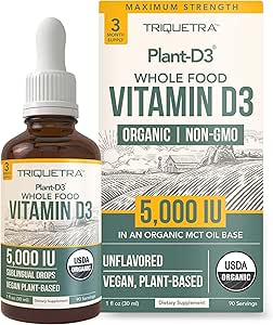 Planta-D3 Vitamina Orgánica D3 5000 UI - Vegan, Max Strength Sublingual Liquid D3 Drops - 200% Absorción Superior - 100% Forma de Cholecalciferol de base vegetal - Dosificación ajustable para todas las edades (1oz Liquid)