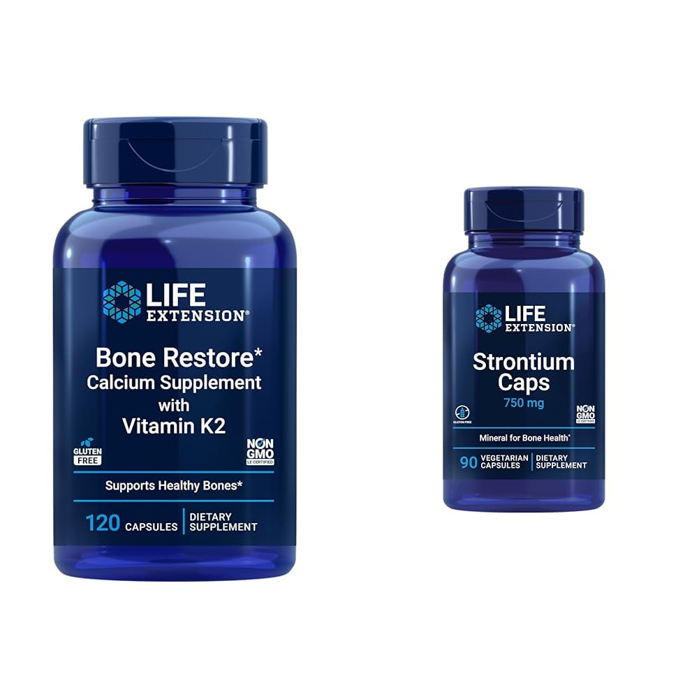 Restauración de huesos de extensión de vida + Vitamina K2 Vitaminas " Minerales Mantener la salud del hueso " Strontium Caps 750 mg - Bone Health Supplement