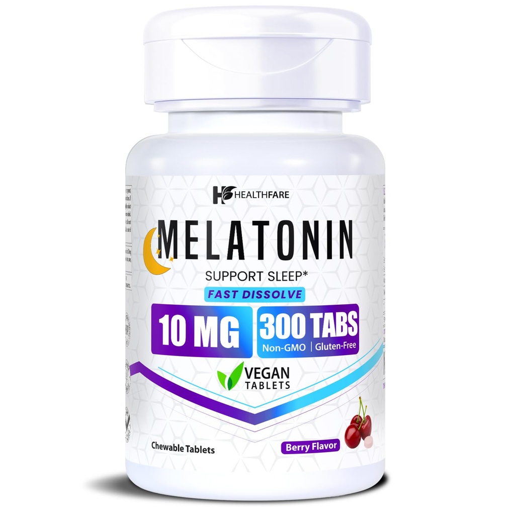 Healthfare Melatonin 10mg | 300 Fast Dissolve Tablets | Berry Flavor | Vegan, Non-GMO, Gluten-Free | Made in the USA