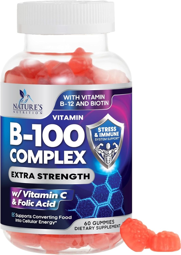 B Suplemento Complejo Gummies con ácido fólico vitamina C &amp; ácido fólico, super vitamina B de fuerza extra con niacina, B6, ácido fólico, B12, Biotina, Suplementos de apoyo energético de la naturaleza - 60 Gummies