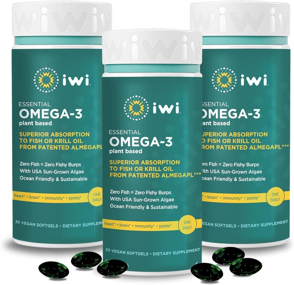 Iwi Omega-3 Essential, 90 Softgels (90 Servings), Alga de base vegetal Omega 3 con EPA + DHA, Brain, Heart &amp; Immune Support Suplemento dietético, Krill " Fish Oil Alternative, No Fishy Aftertaste