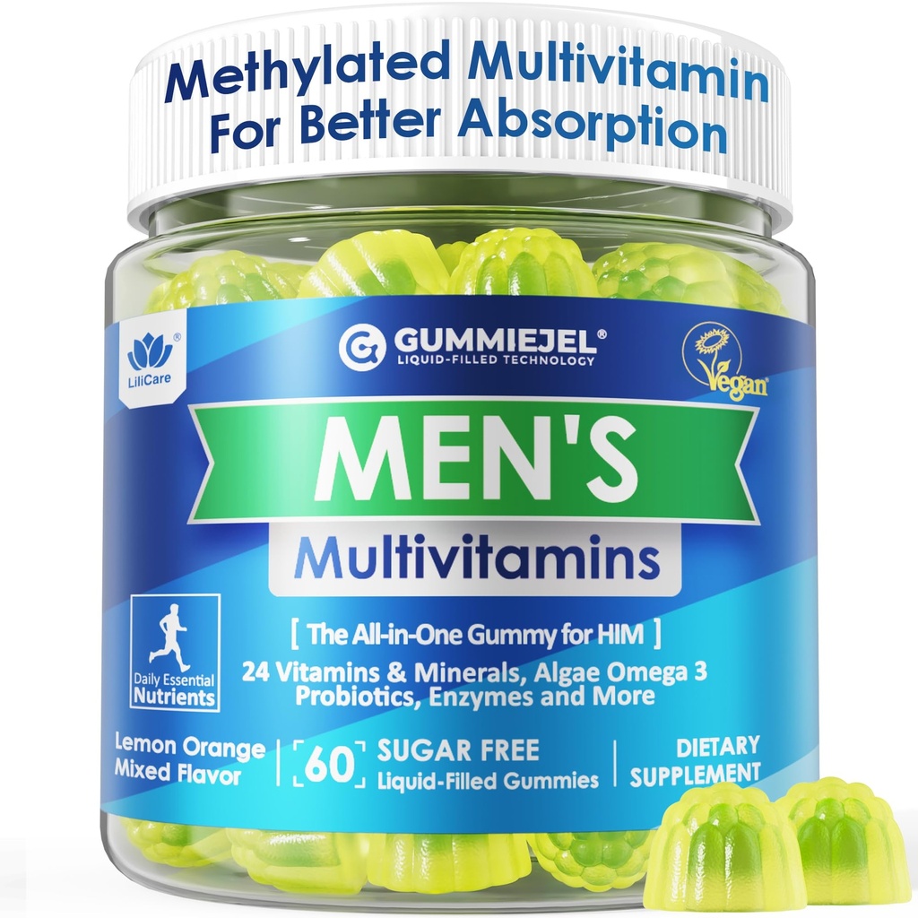 Mens Multivitamins Gummies, Multiminerals, Vegan Omega 3, CoQ10, Probióticos, Mens Vitaminas diarias A C D3 E B6 B12, Multivitamina metilada para hombres - energía, inmunidad, azúcar libre, Vegan (sin hierro) 60 Cts