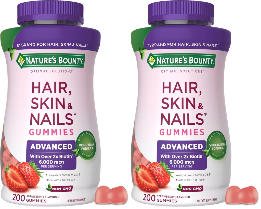 Nature's Bounty Optimal Solutions Advanced Hair, Skin and Nails Pectin Gummies, 2X Biotin Per Serving, No Stick Gummy, Vegetarian Formula, Strawberry Flavor, 200 ct, 100 Total Servings (Pack of 2)
