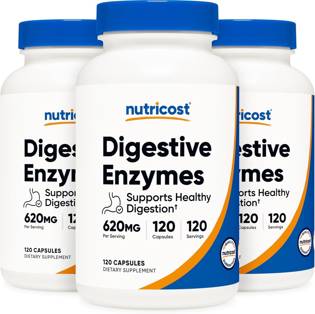 Nutricost Digestive Enzymes 620mg, 120 Veggie Capsules (3 Bottles) - Suplemento completo de Enzyme Digestivo
