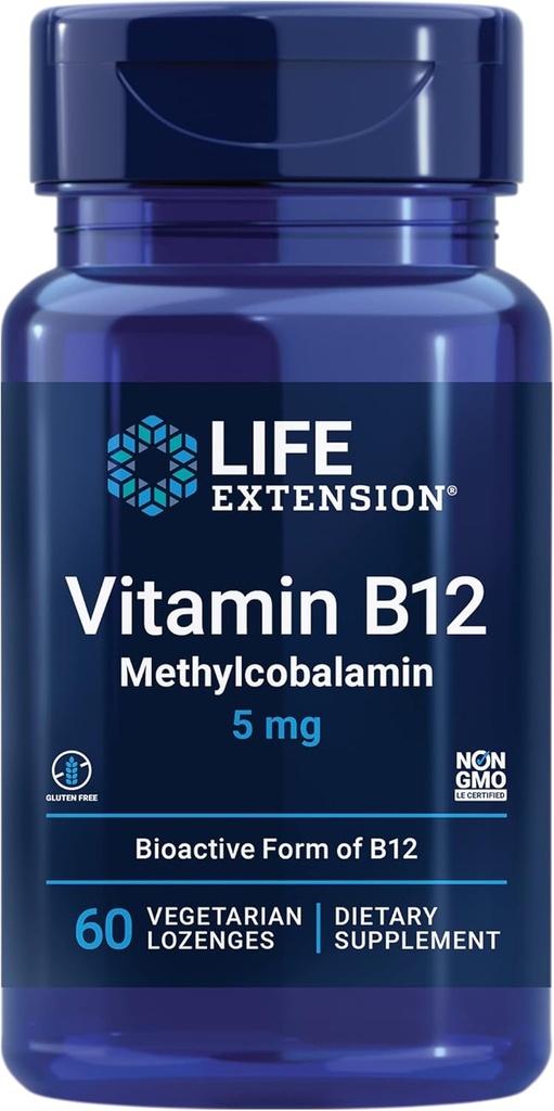 Vitamina B12 Metilcobalamina, Suplemento de Salud Nerve, Apoyo Cognitivo, Vitamina Energética, Metilcobalamina B12, 5 mg, Dessolamiento rápido, Libre de gluten, No GMO, Vegetariano, 60 lozenges