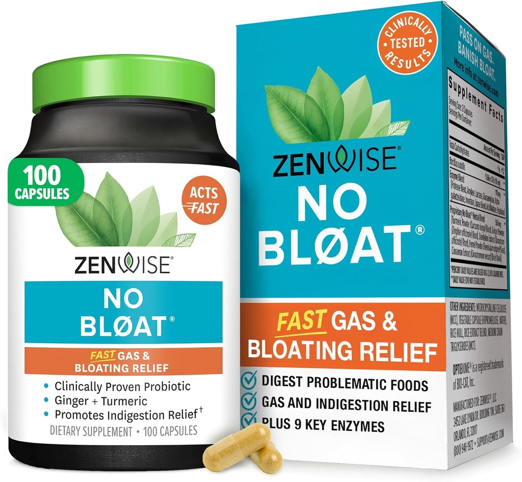Zenwise Health No Bloat Digestive Enzymes for Gut Health, Gas &amp; Bloating Relief - Multi Enzymes Digestion Supplement with Probiotics, Ginger, Turmeric Dandelion & Lactase - Men &amp; Women - 100 Count